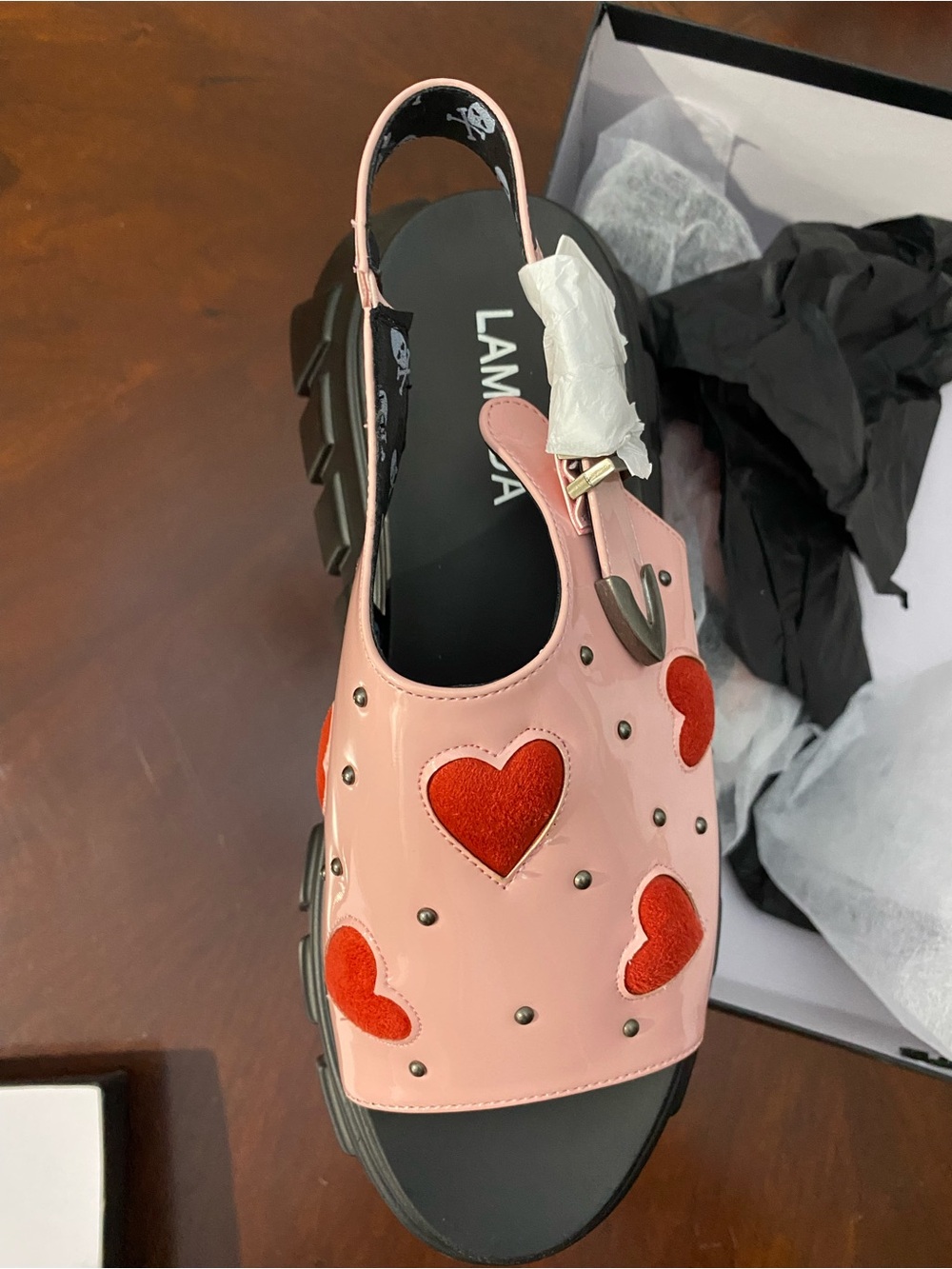 LaModa Pink Chunky Platform Sandals with Red Heart Accents - Picture 4 of 16